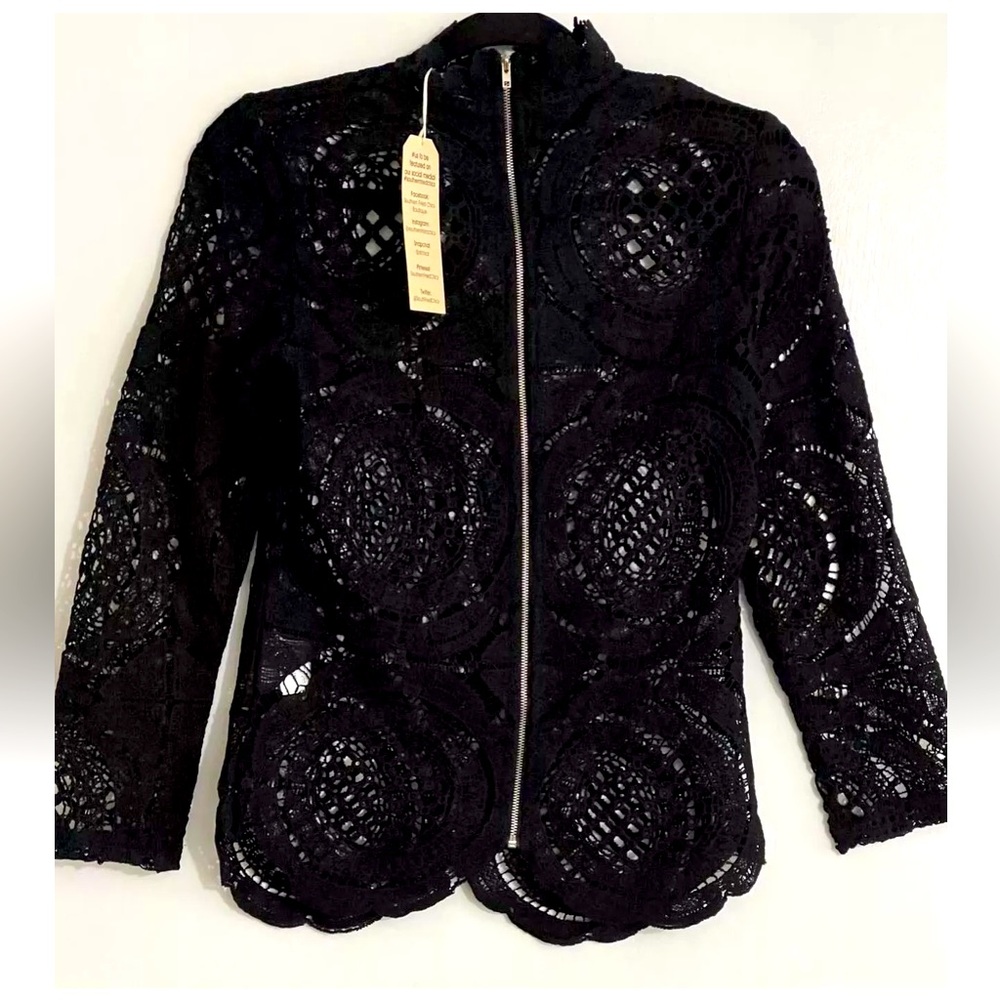 NWT Southern Fried Chic Lace Panel Jacket Black Zipper Front High Neck Sz SMALL